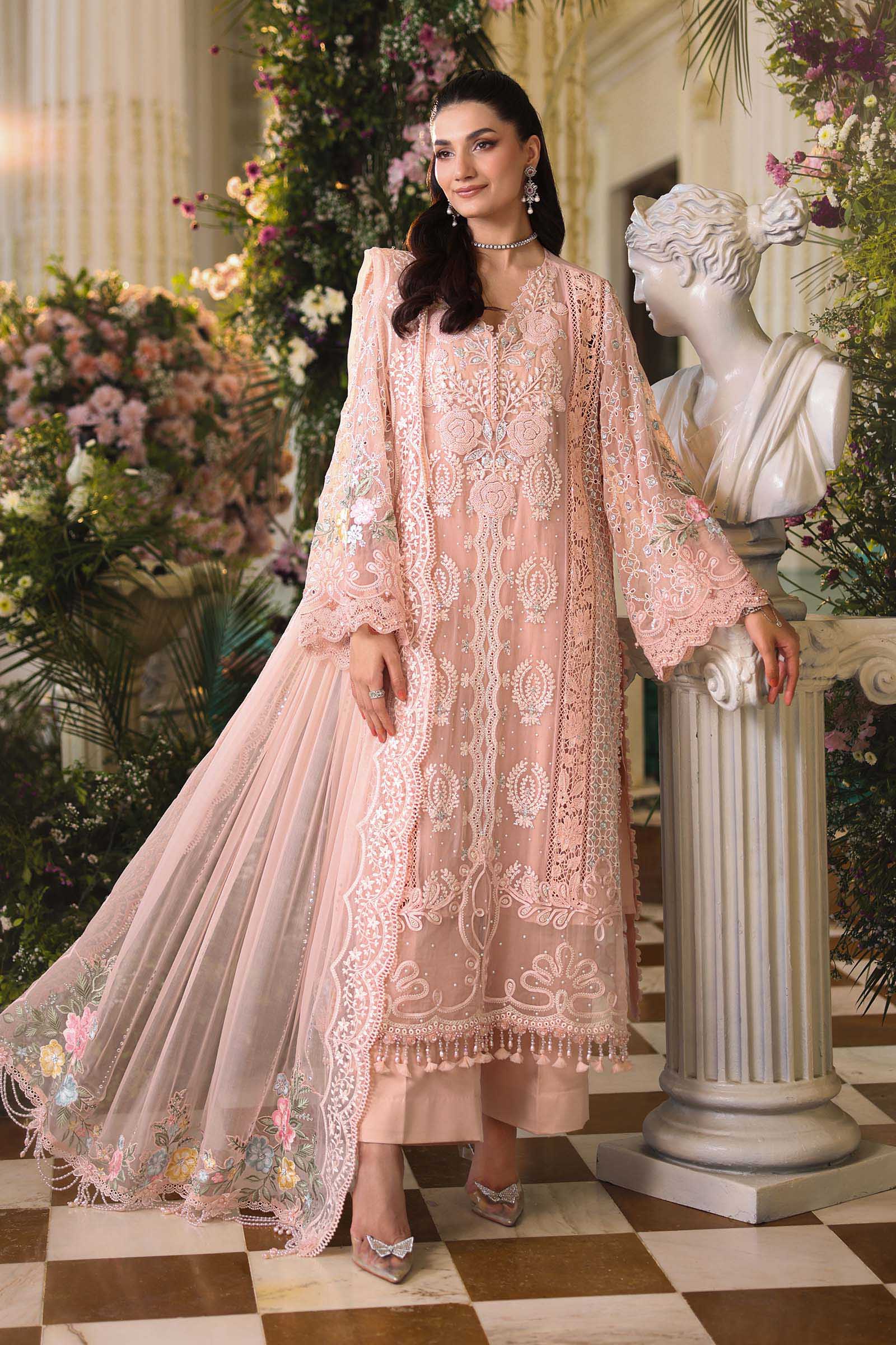 3 Piece Unstitched Embroidered Chiffon Suit:MPC-26-104-Peach Pink