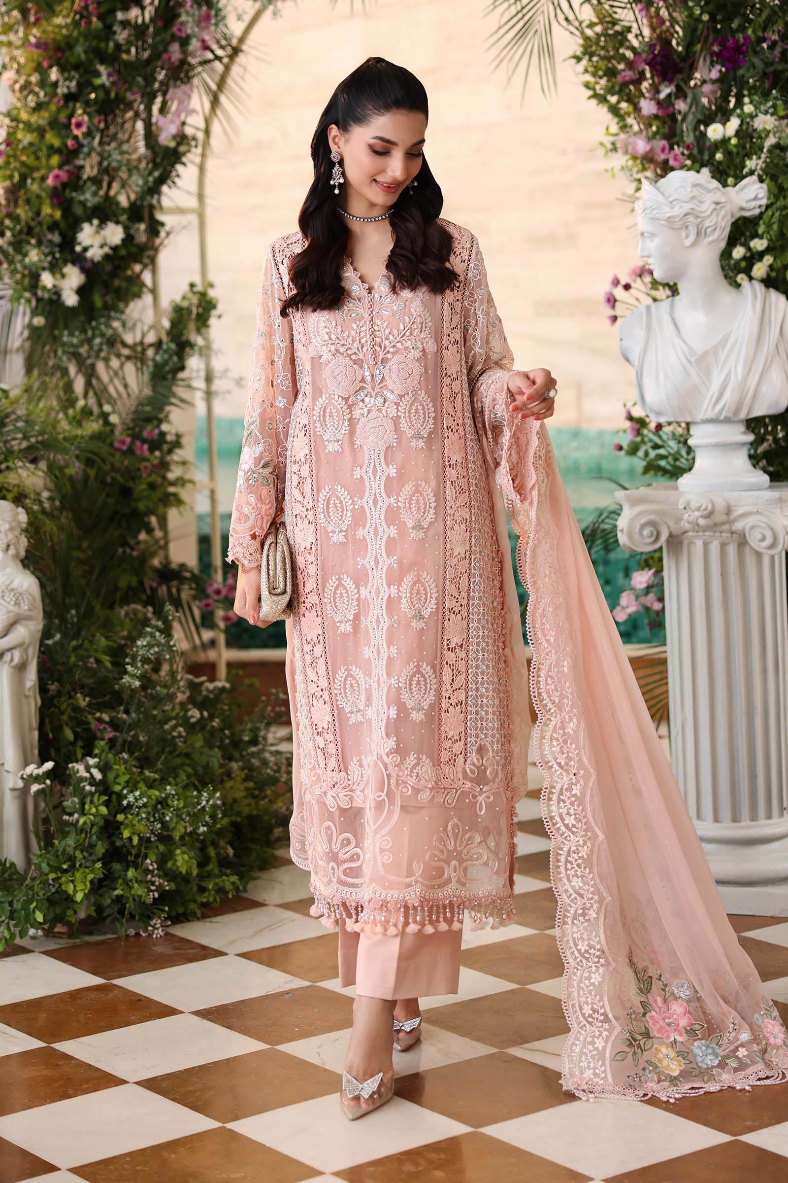 3 Piece Unstitched Embroidered Chiffon Suit:MPC-26-104-Peach Pink