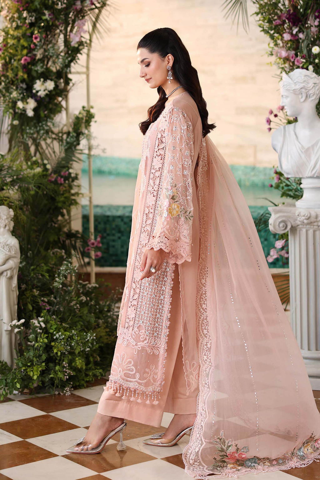 3 Piece Unstitched Embroidered Chiffon Suit:MPC-26-104-Peach Pink