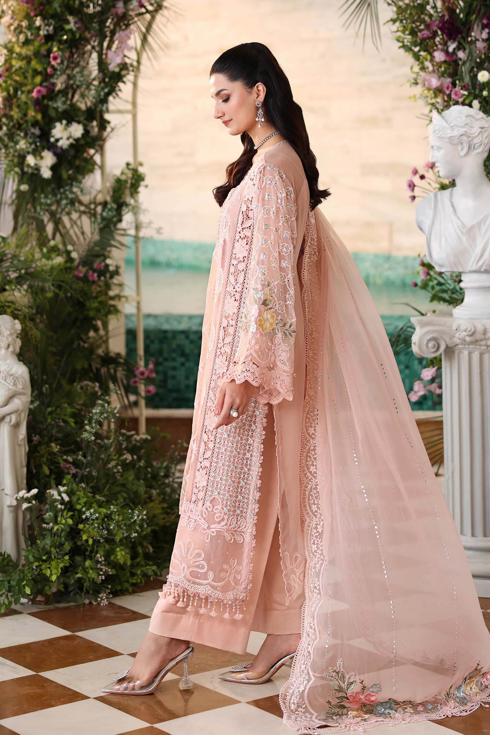 3 Piece Unstitched Embroidered Chiffon Suit:MPC-26-104-Peach Pink