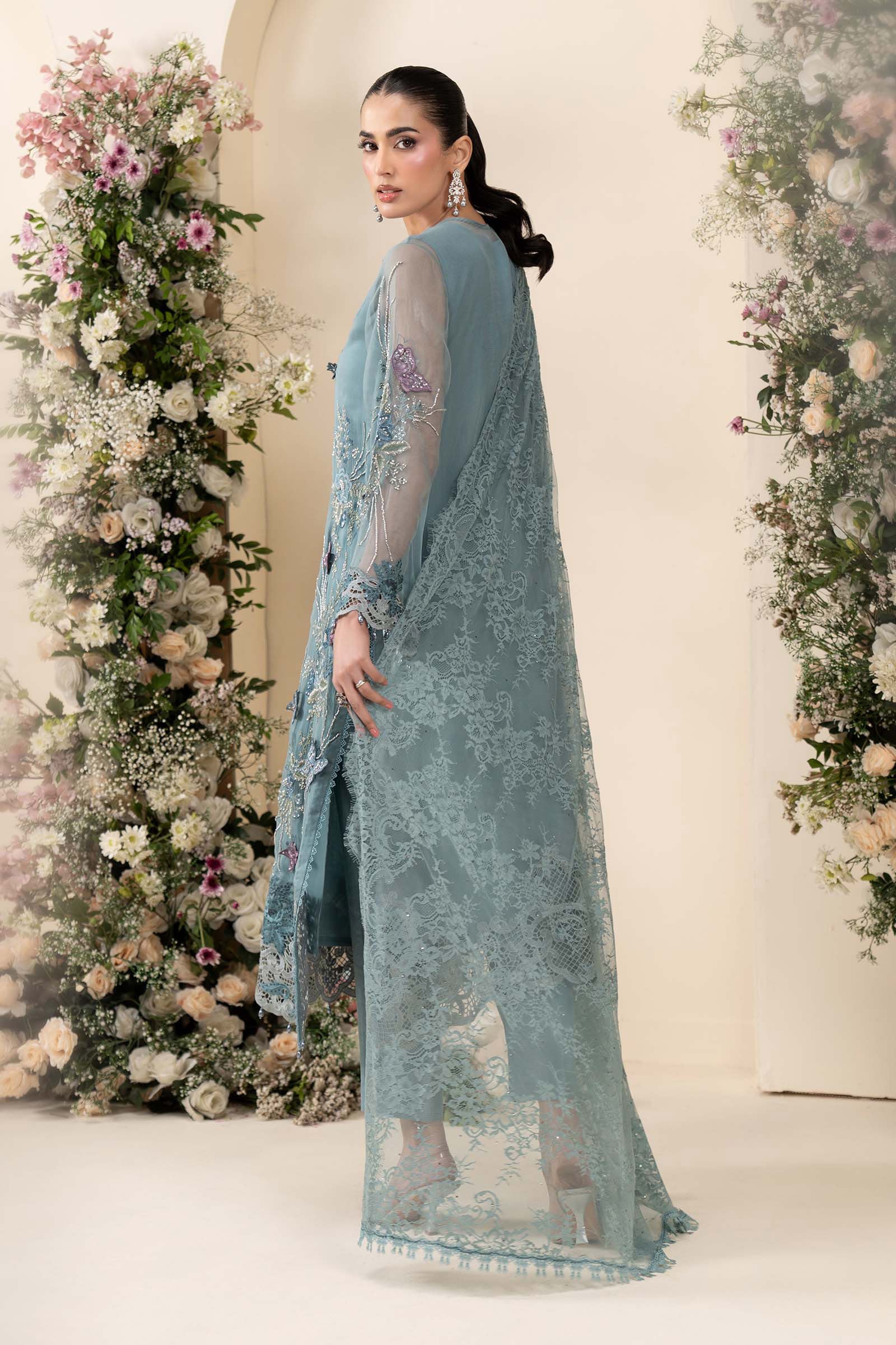 3 Piece Embroidered Chiffon Suit MCS-26-106-Slate Blue-Small