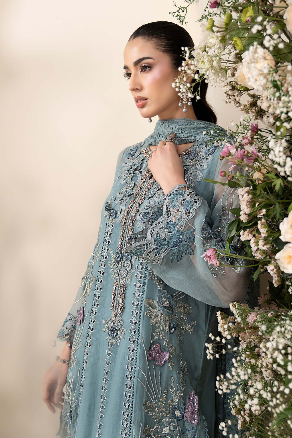 3 Piece Embroidered Chiffon Suit MCS-26-106-Slate Blue-Small