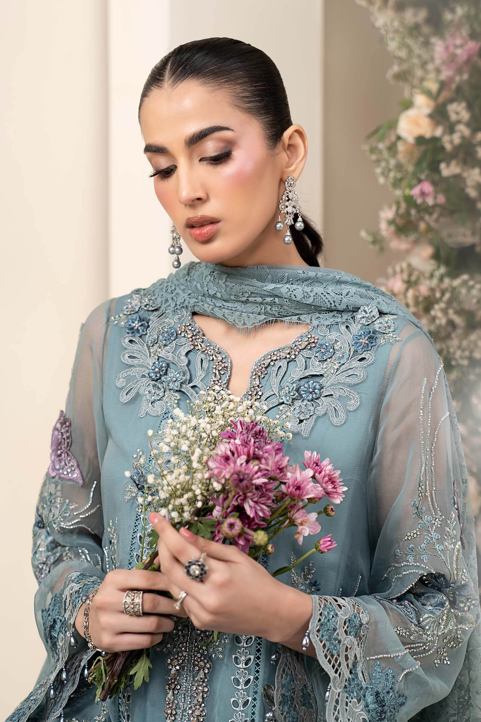 3 Piece Embroidered Chiffon Suit MCS-26-106-Slate Blue-Small