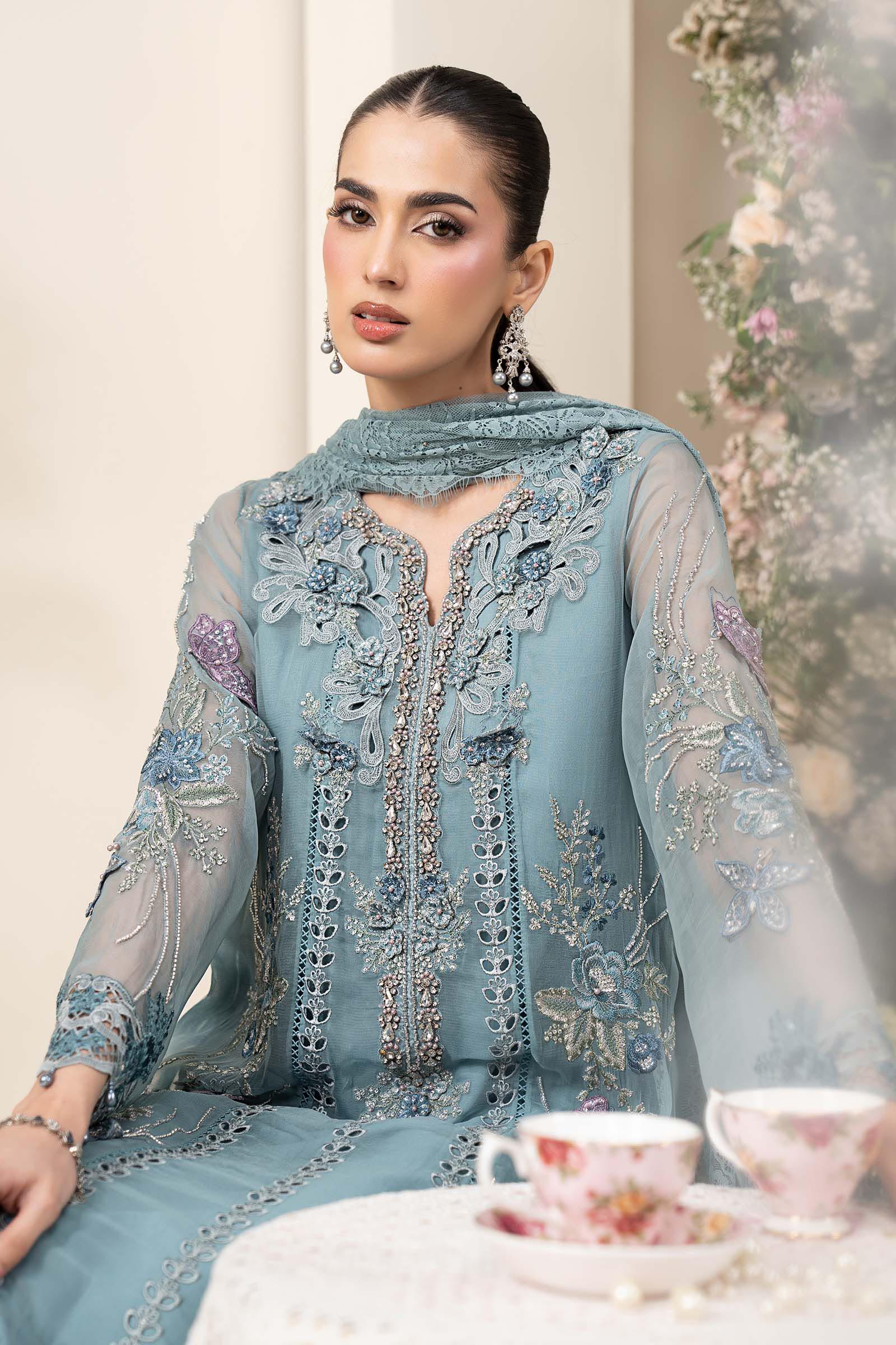 3 Piece Embroidered Chiffon Suit MCS-26-106-Slate Blue-Small