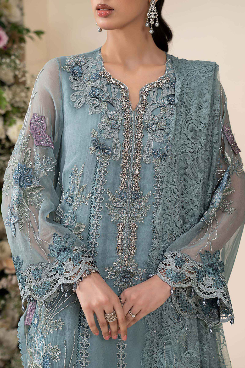3 Piece Embroidered Chiffon Suit MCS-26-106-Slate Blue-Small