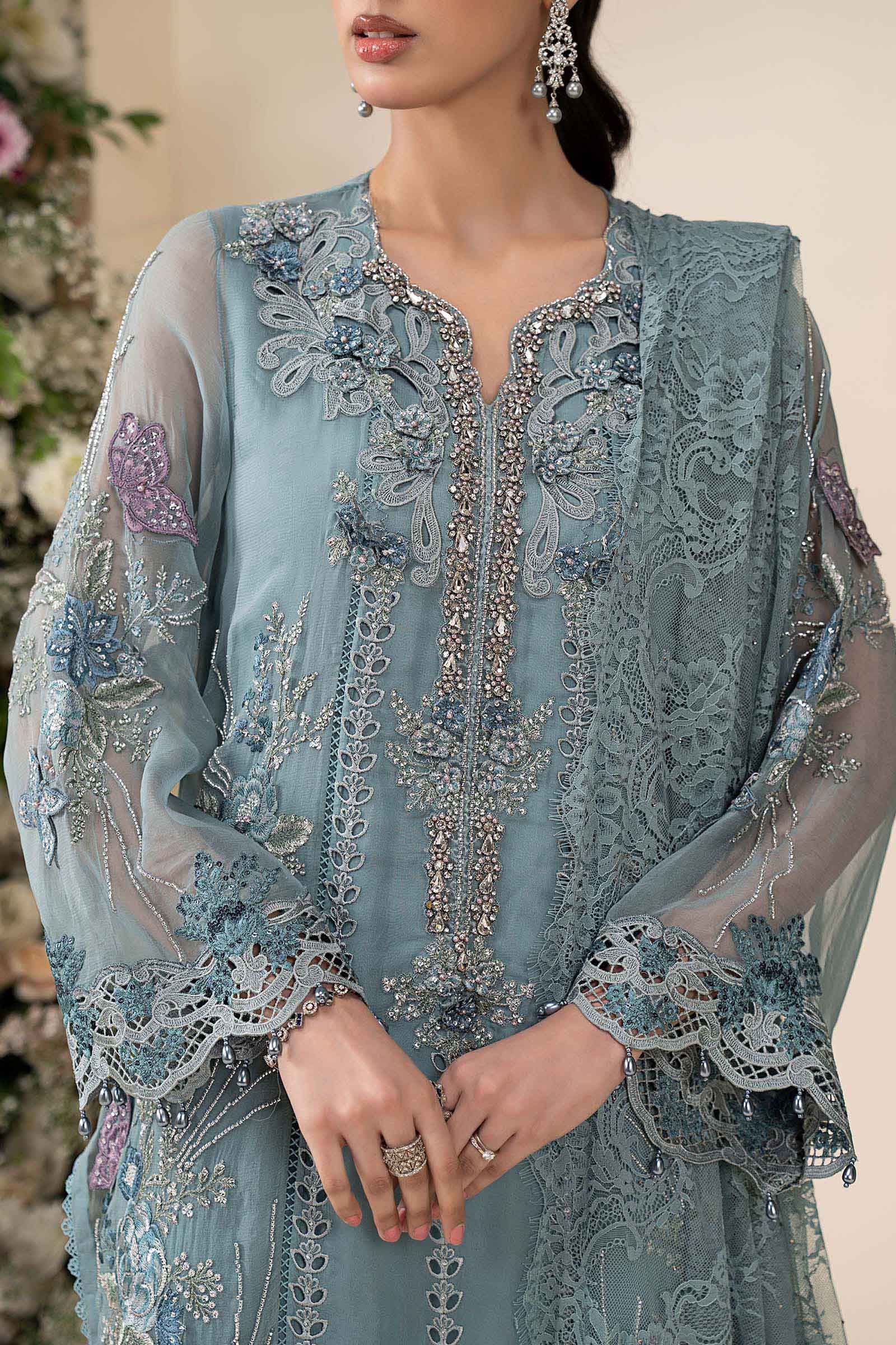 3 Piece Embroidered Chiffon Suit MCS-26-106-Slate Blue-Small