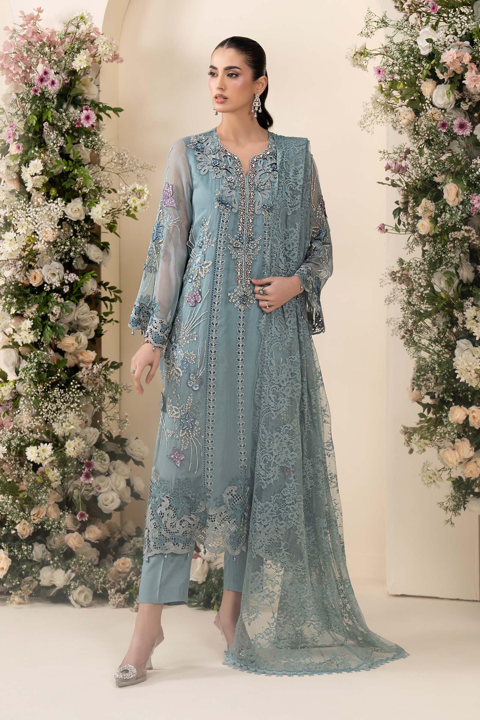 3 Piece Embroidered Chiffon Suit MCS-26-106-Slate Blue-Small