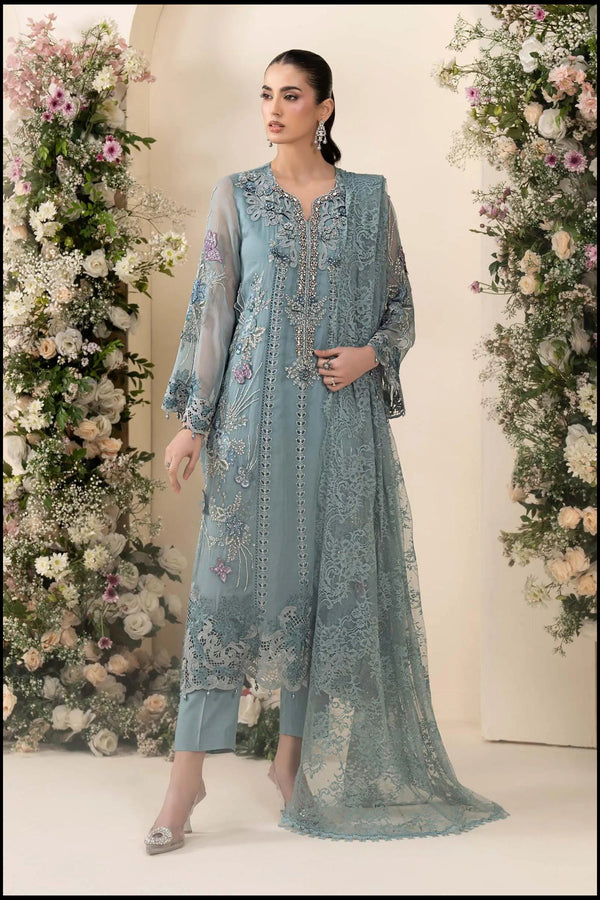 3 Piece Embroidered Chiffon Suit MCS-26-106-Slate Blue-Small NOOR E RIVAJ