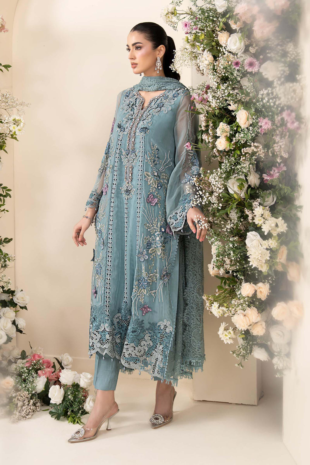 3 Piece Embroidered Chiffon Suit MCS-26-106-Slate Blue-Small