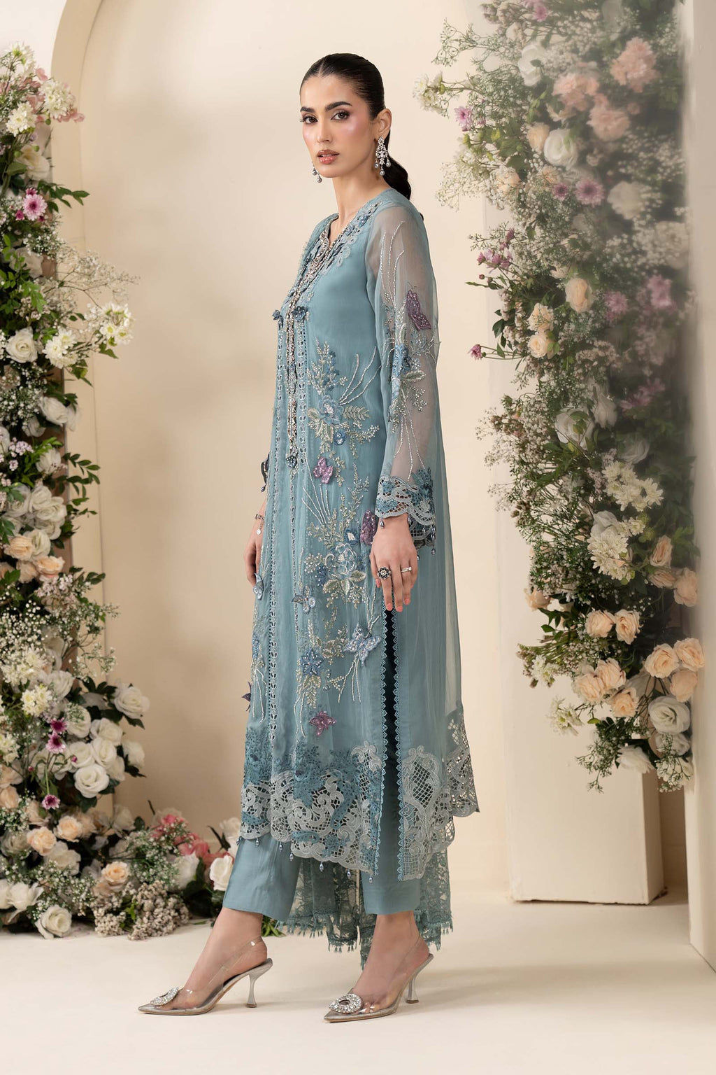 3 Piece Embroidered Chiffon Suit MCS-26-106-Slate Blue-Small