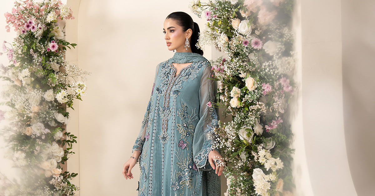 3 Piece Embroidered Chiffon Suit MCS-26-106-Slate Blue-Small