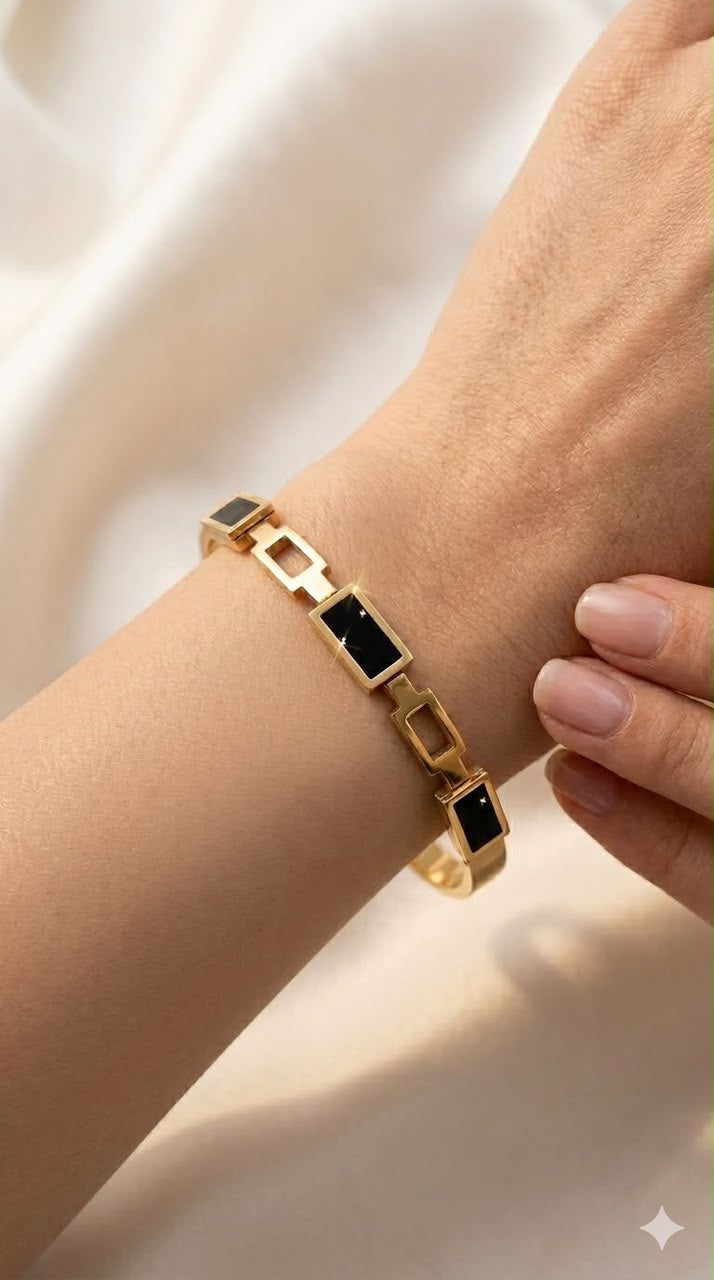 Gold & Black Geometric Bangle – 18K Gold Plated Cuff Bracelet