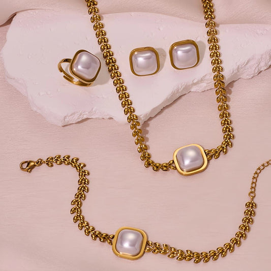 Vintage Royale 4-Piece Gold & Square Pearl Jewelry Set