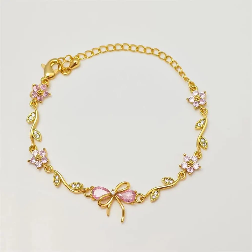 Floral Bow Bracelet – Crystal Flower & Bow Charm Gold Chain