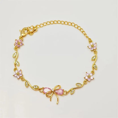 Floral Bow Bracelet – Crystal Flower & Bow Charm Gold Chain