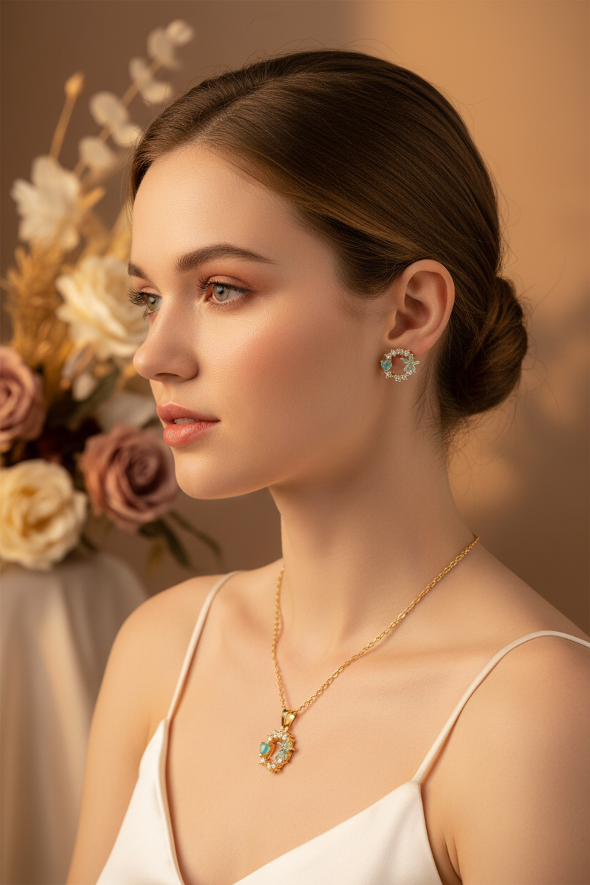Aqua Crystal Floral Wreath Jewelry Set – Elegant Lifestyle Shot