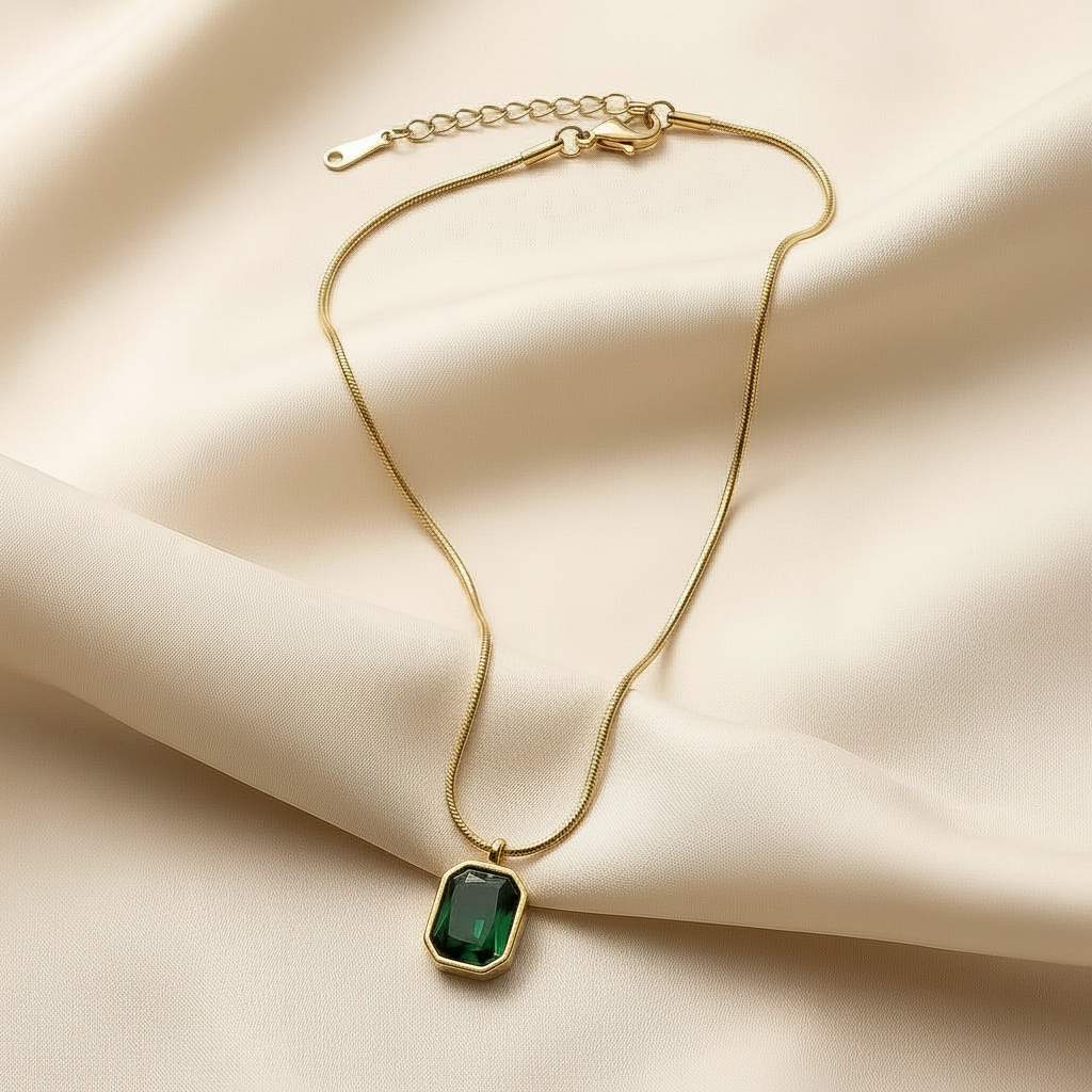 Emerald Necklace on Silk - Flat Lay