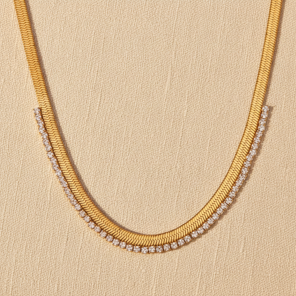 Gold Herringbone & Diamond Tennis Layered Necklace