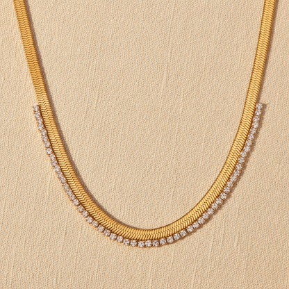 Gold Herringbone & Diamond Tennis Layered Necklace