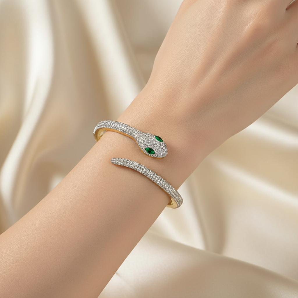 Crystal Snake Bangle – 18K Gold Plated CZ Diamond Cuff Bracelet