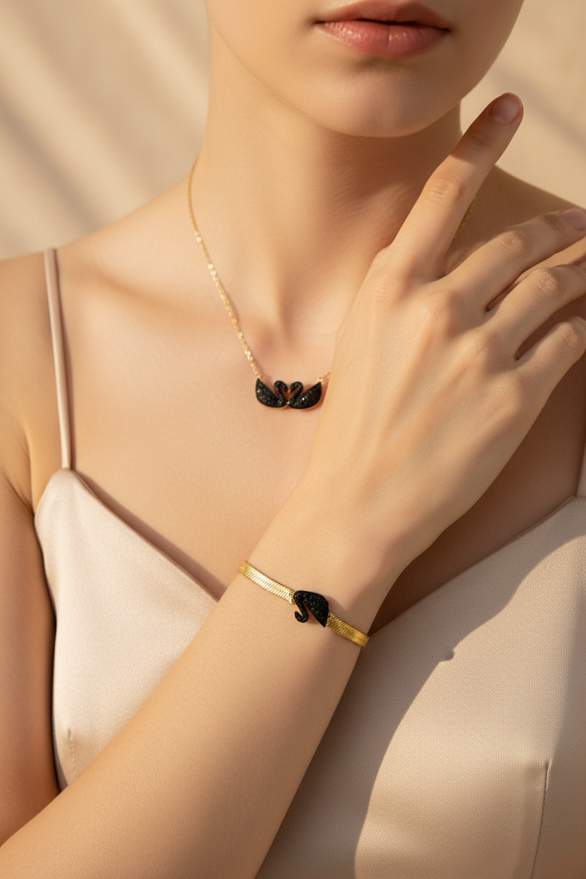 Black Swan Gold Stainless Steel Jewelry Set – Bracelet & Necklace