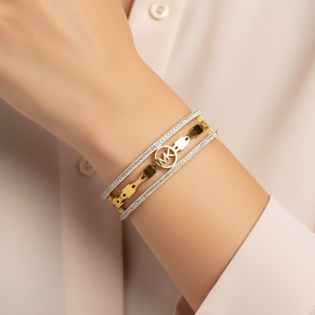 MK Logo Gold Bracelet Set – Crystal Pave Bangle