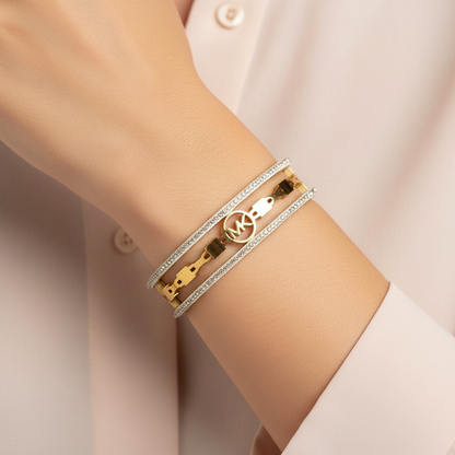 MK Logo Gold Bracelet Set – Crystal Pave Bangle