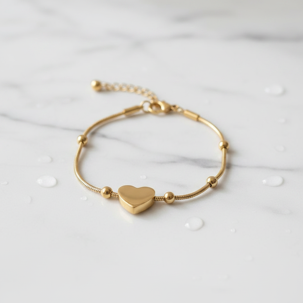 Gold Heart Charm Snake Chain Bracelet