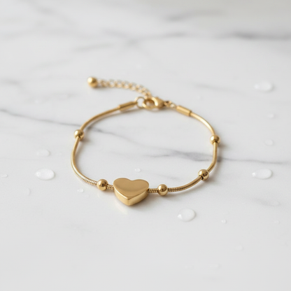 Gold Heart Charm Snake Chain Bracelet