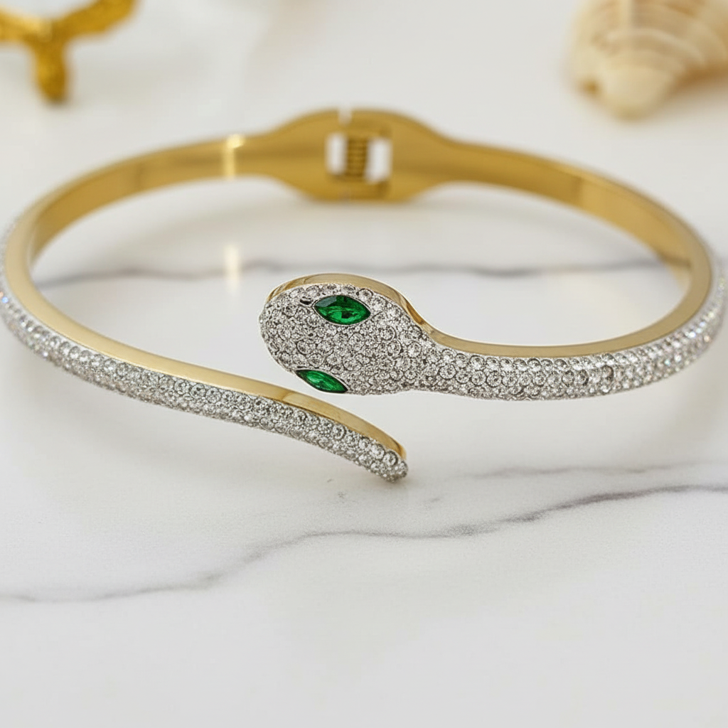 Crystal Snake Bangle – 18K Gold Plated CZ Diamond Cuff Bracelet