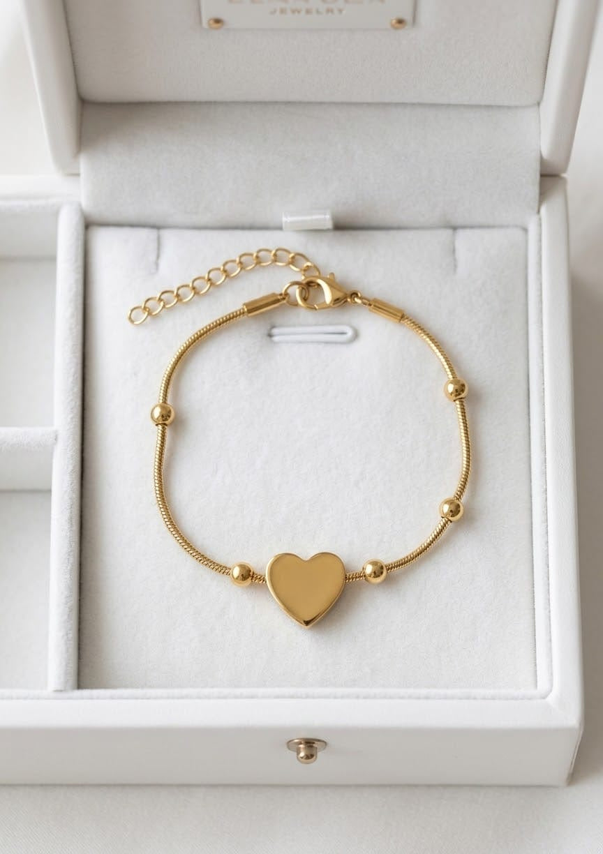 Gold Heart Charm Snake Chain Bracelet