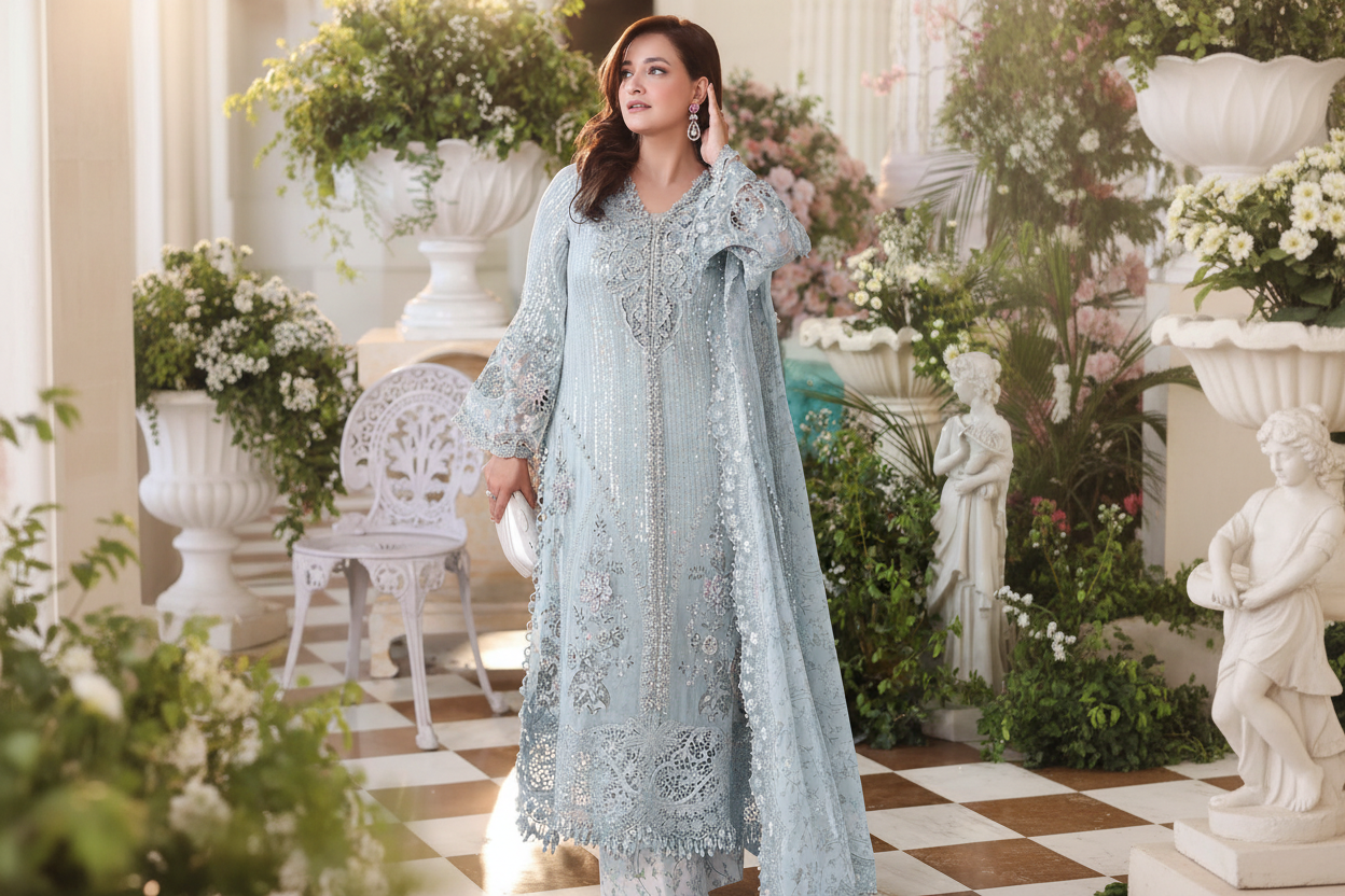 3 Piece Unstitched Embroidered Chiffon Suit SKY BLUE NOOR E RIVAJ