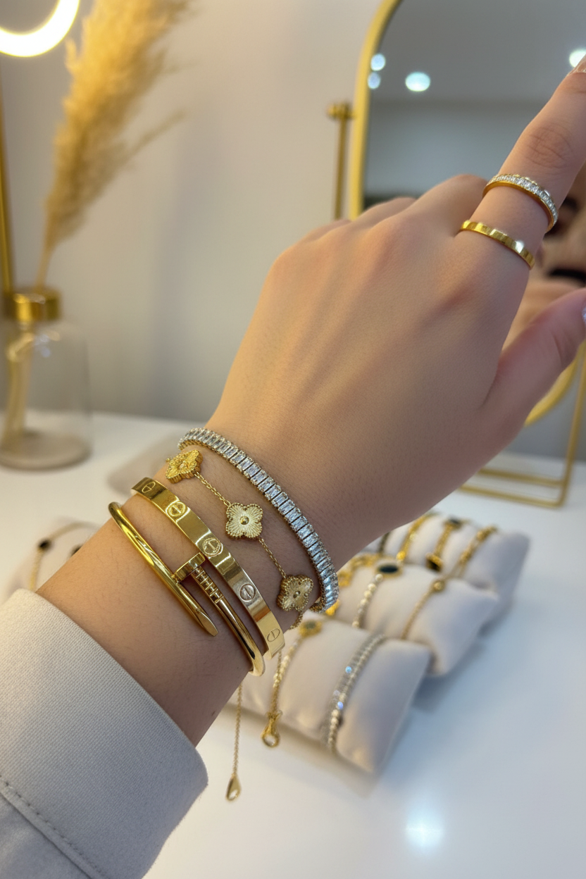 Luxe Golden Bracelet Trio – Elegant Wrist Shot