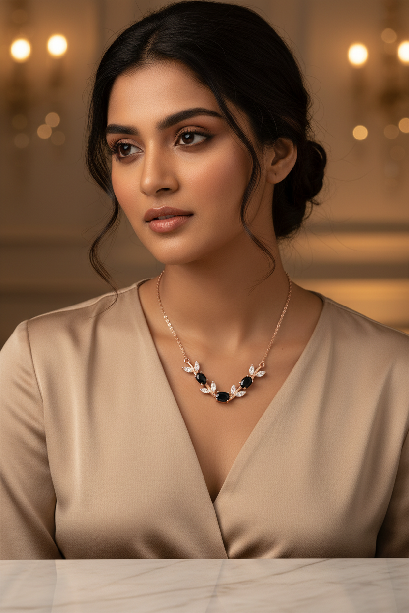 Model with Black Rose Gold Necklace