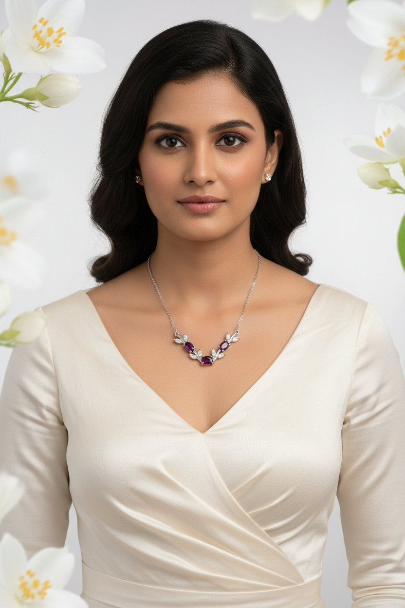 Model with Ruby Red Silver Necklace