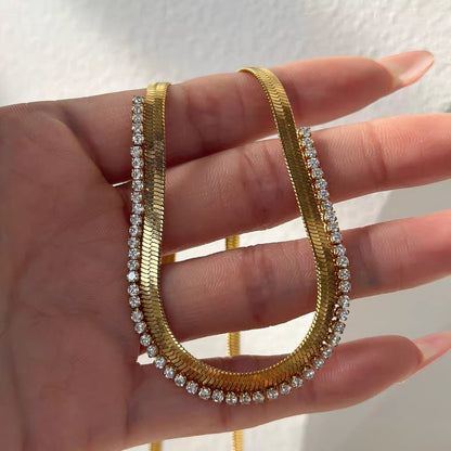 Gold Herringbone & Diamond Tennis Layered Necklace