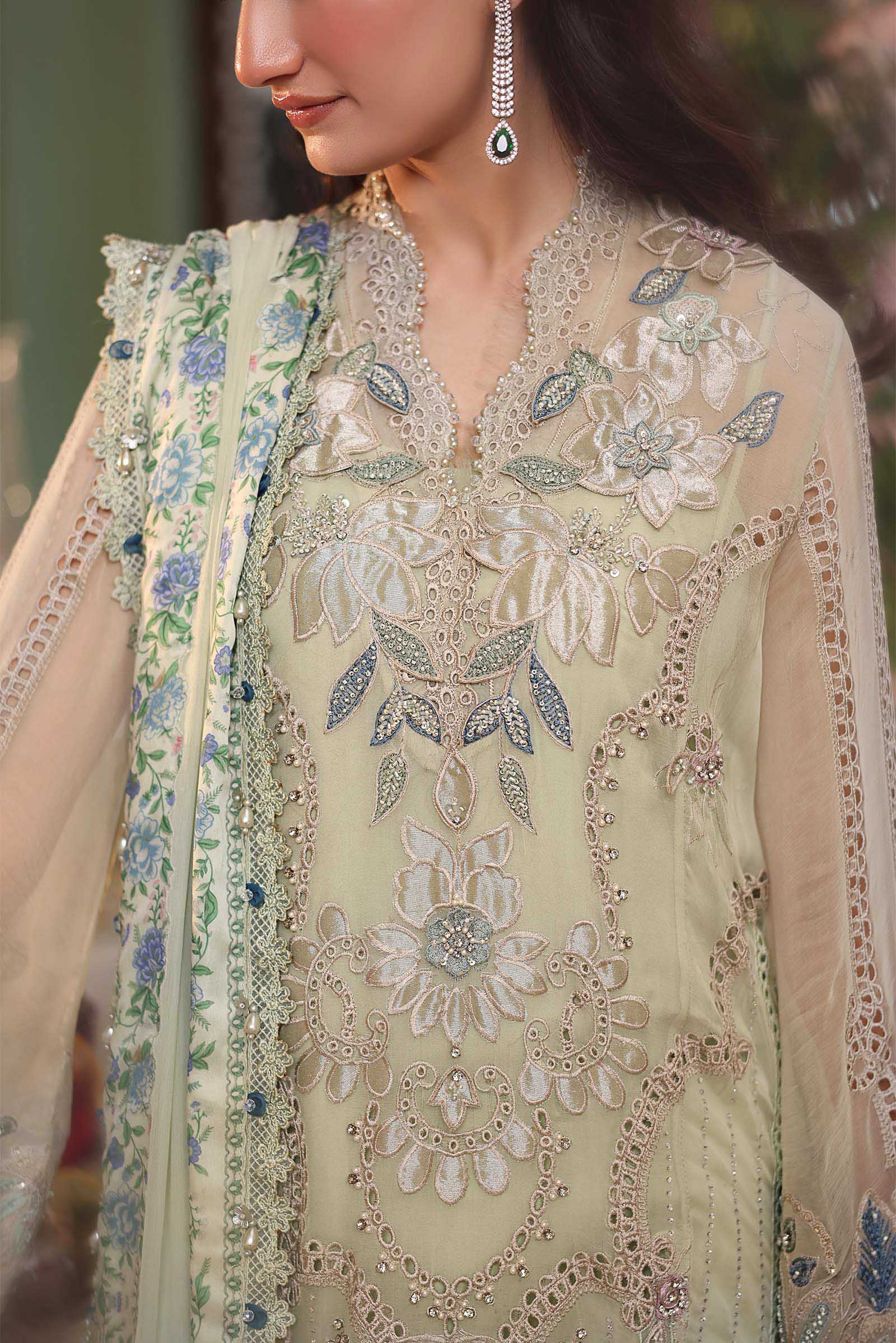 3 Piece Unstitched Embroidered Chiffon Suit In Stock BARCODE:MPC-26-105-Pistachio Green NOOR E RIVAJ