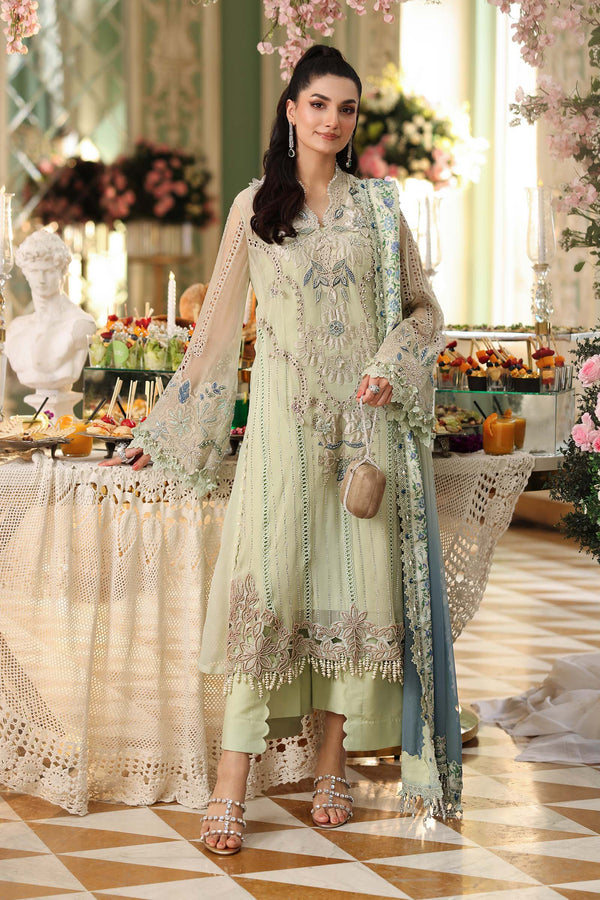 3 Piece Unstitched Embroidered Chiffon Suit In Stock BARCODE:MPC-26-105-Pistachio Green NOOR E RIVAJ