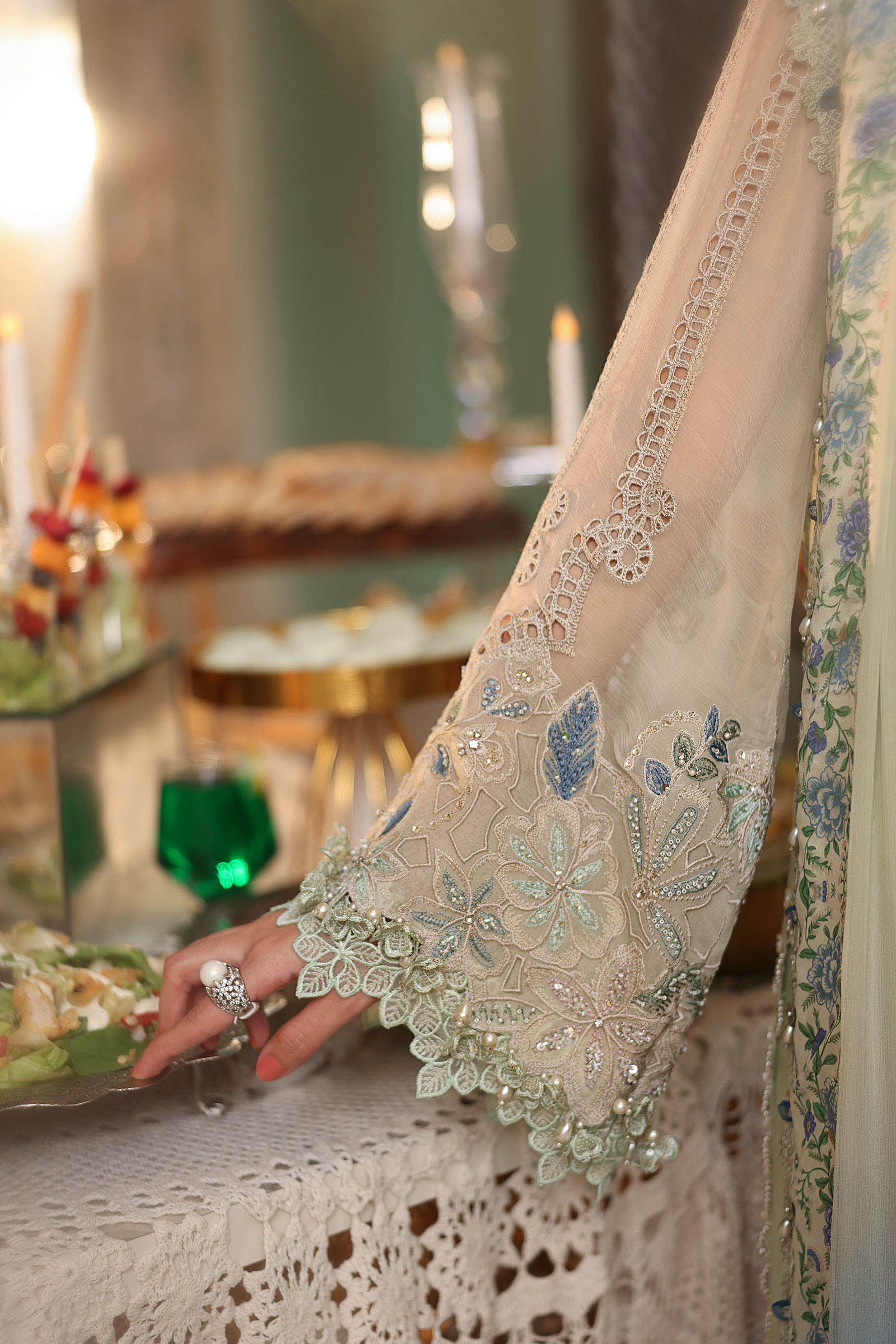 3 Piece Unstitched Embroidered Chiffon Suit In Stock BARCODE:MPC-26-105-Pistachio Green NOOR E RIVAJ