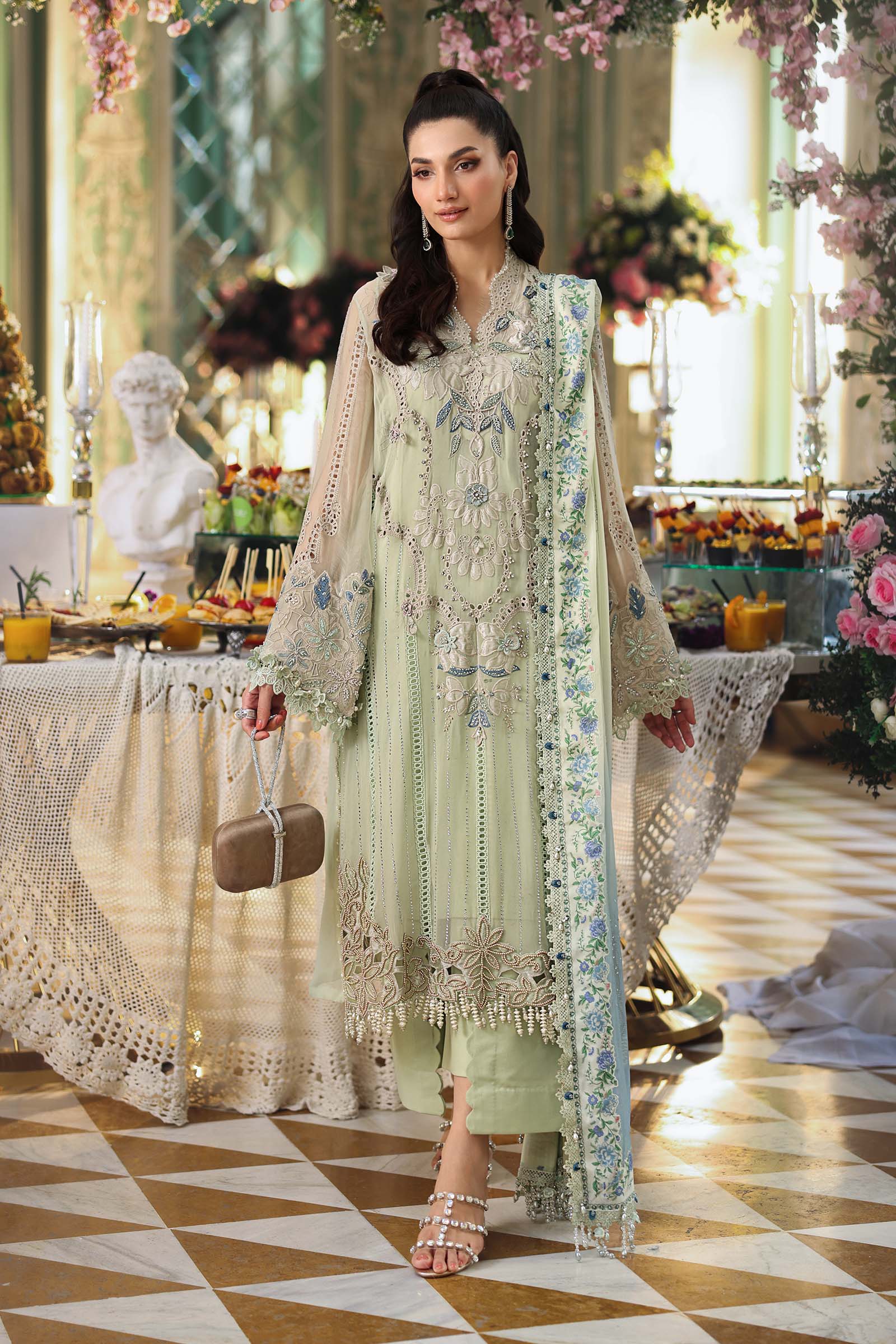 3 Piece Unstitched Embroidered Chiffon Suit In Stock BARCODE:MPC-26-105-Pistachio Green NOOR E RIVAJ