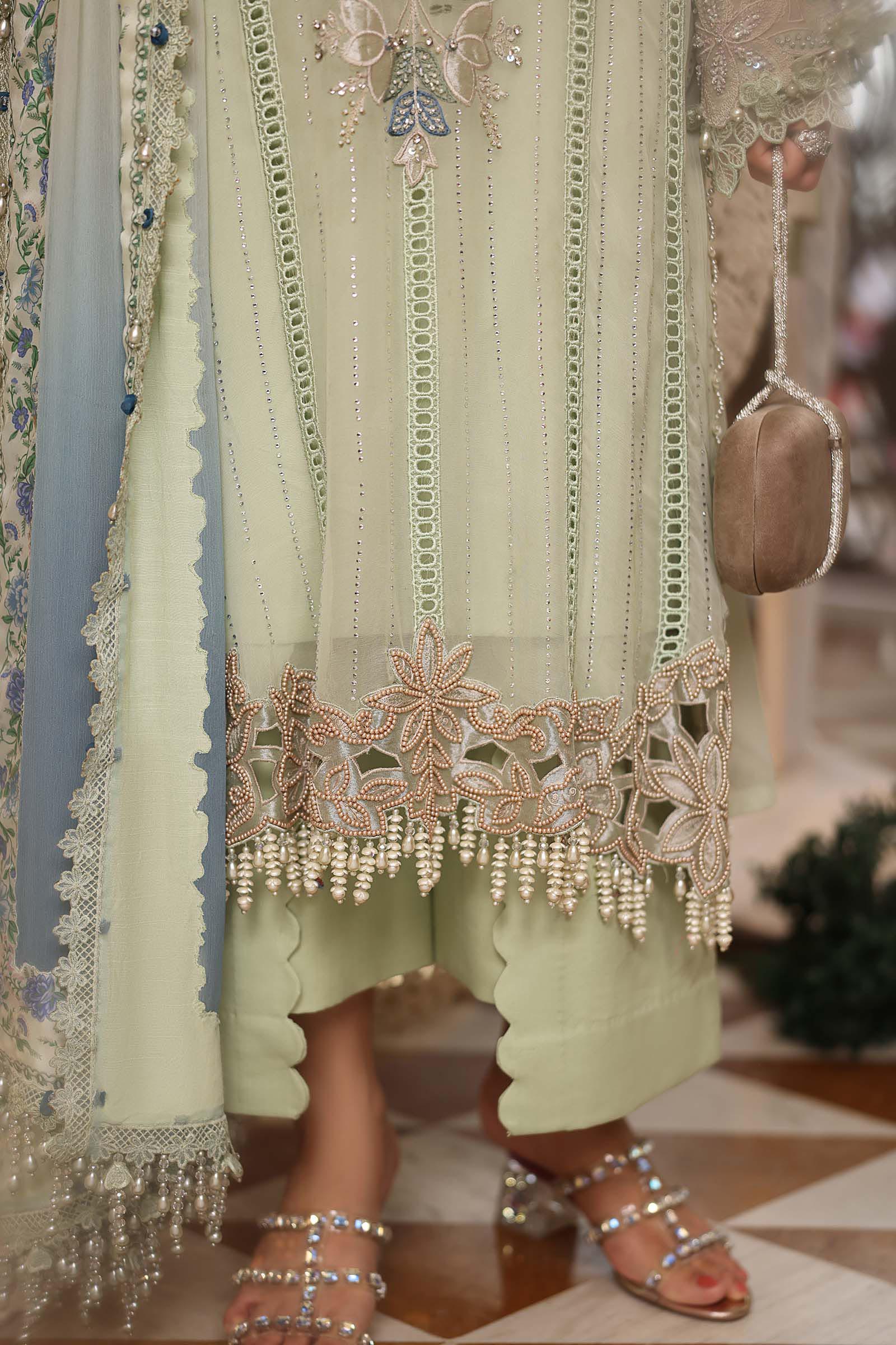 3 Piece Unstitched Embroidered Chiffon Suit In Stock BARCODE:MPC-26-105-Pistachio Green NOOR E RIVAJ