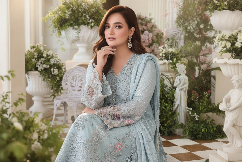 3 Piece Unstitched Embroidered Chiffon Suit SKY BLUE NOOR E RIVAJ