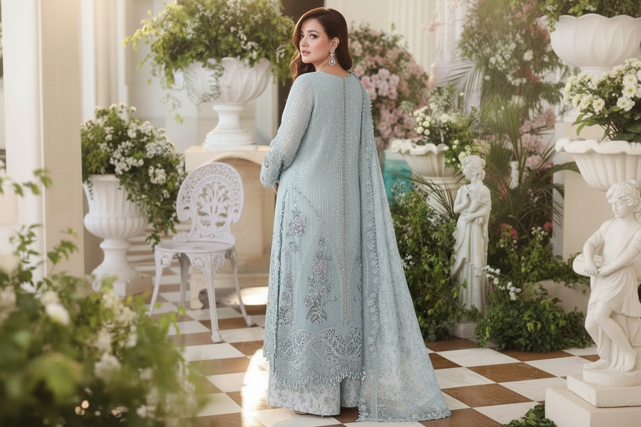 3 Piece Unstitched Embroidered Chiffon Suit SKY BLUE NOOR E RIVAJ