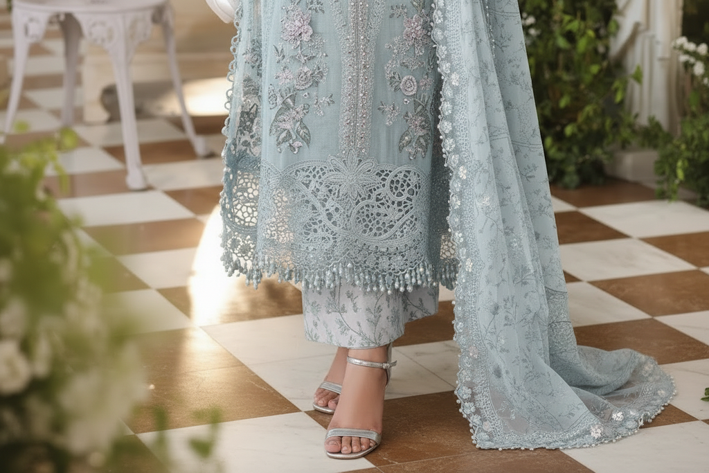 3 Piece Unstitched Embroidered Chiffon Suit SKY BLUE NOOR E RIVAJ