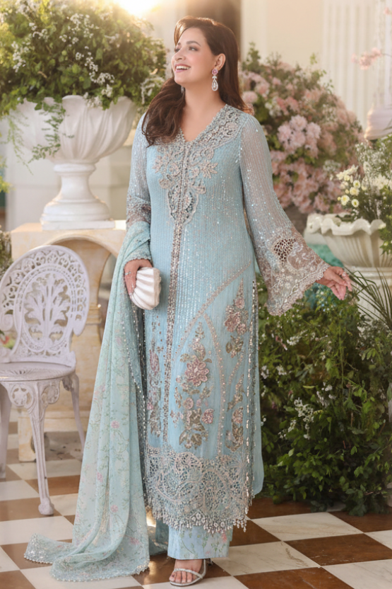 3 Piece Unstitched Embroidered Chiffon Suit SKY BLUE NOOR E RIVAJ